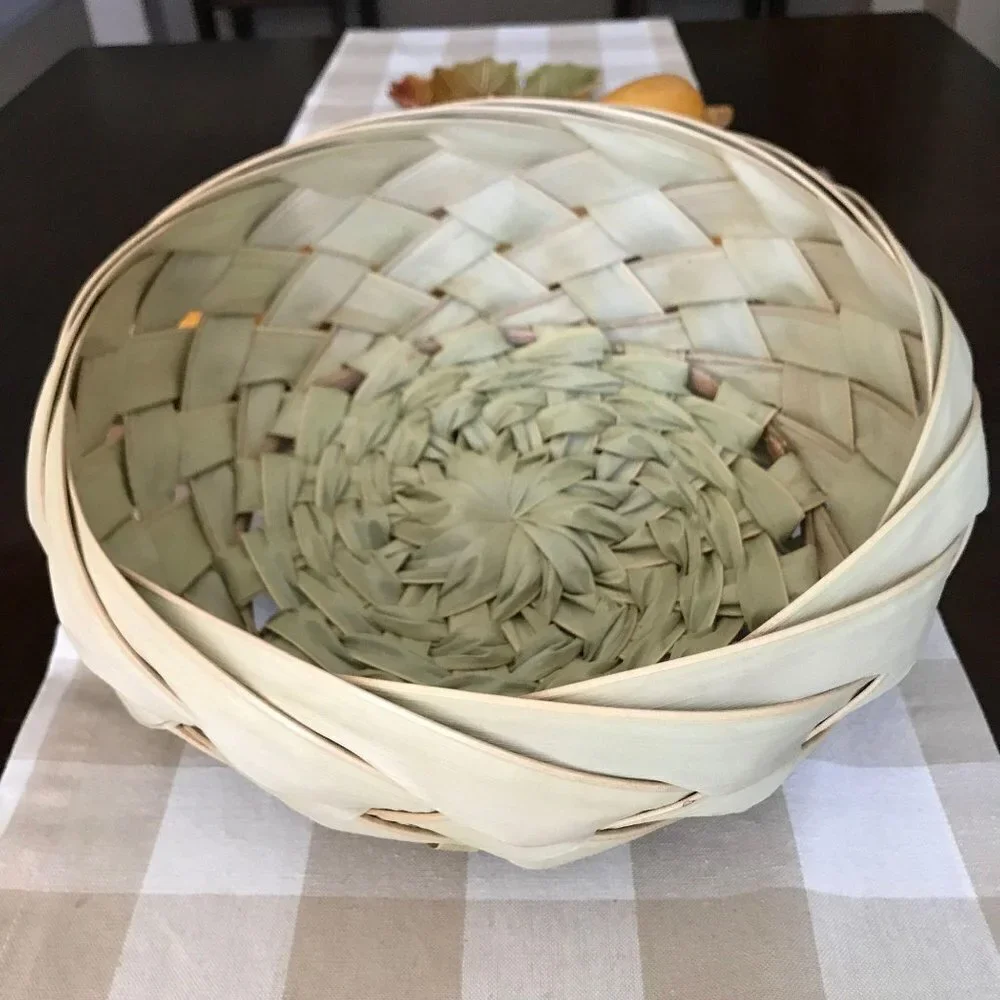 Mid-Century Modern Palm Leaf Woven Basket w/ Hand‎ Carved Faux Fruit